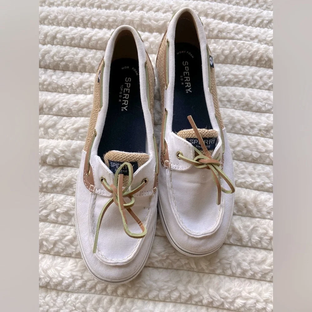 Sperry Top-Sider Women’s Boat Shoes Size 8.5M White Canvas & Tan Leather - Picture 1 of 9
